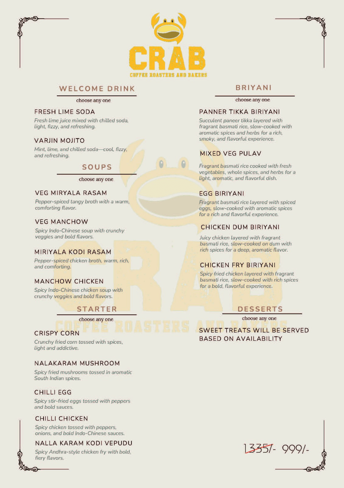 ₹999 Classic Set Menu